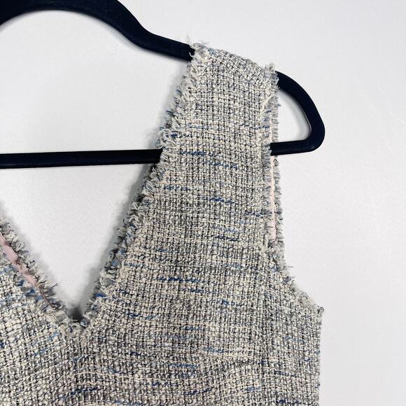 New Rebecca Taylor 4 Blue Gray Sleeveless Tweed V Neck Dress Ruffled Hem Cotton - Picture 6 of 14